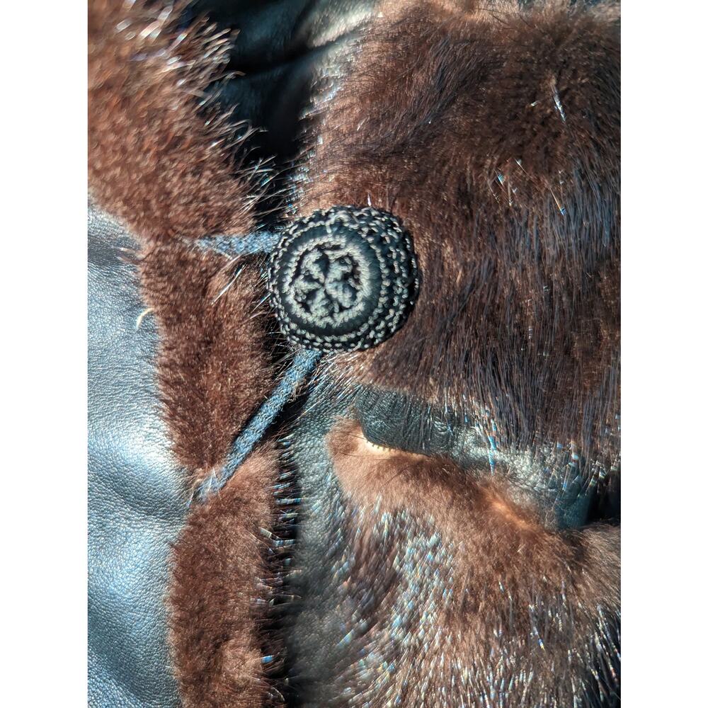 Vintage 70's Dayton's Black Leather Coat with Fur Accents Tie Waist Black Brown - Picture 12 of 14